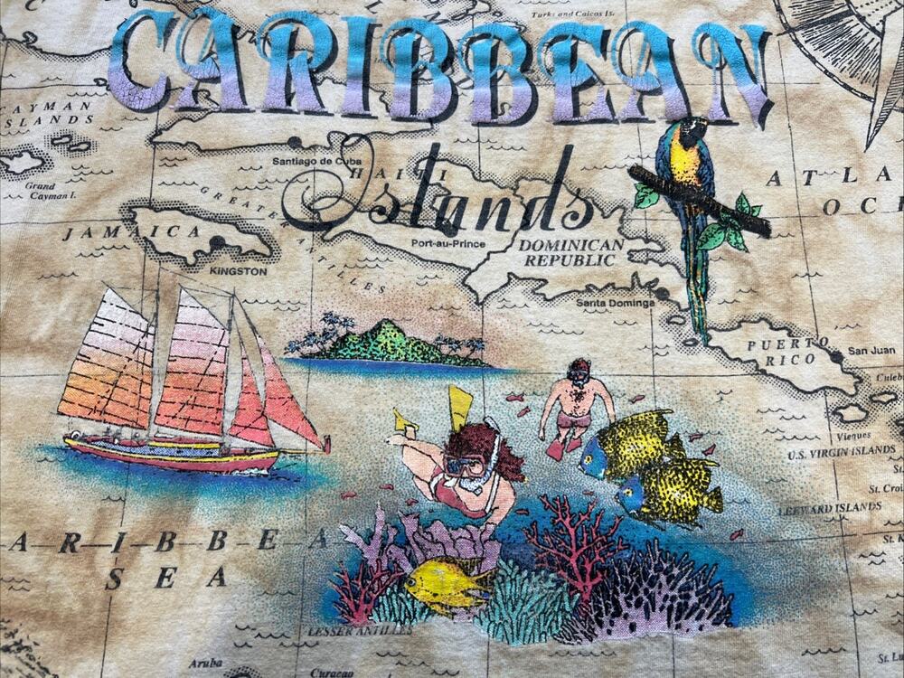 Vintage Caribbean Islands 1990s AOP Short Sleeve T-Shirt Travel Sailing Map XL